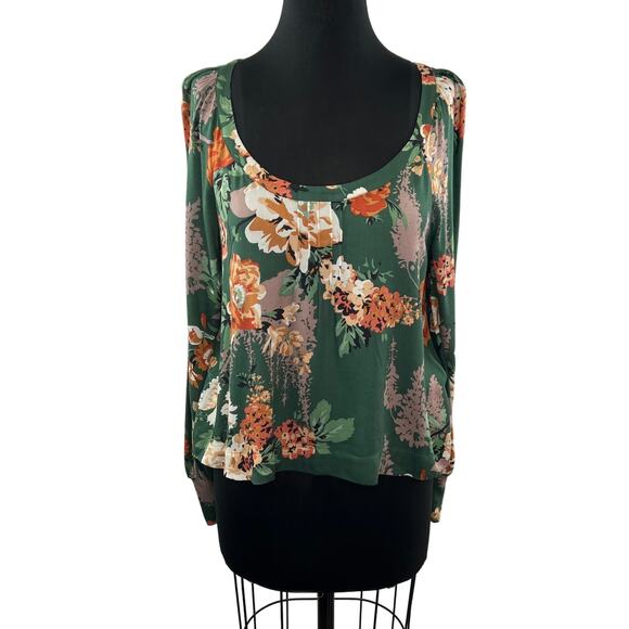 Anthropologie TINY Long Sleeve Scoop Neck Raglan Top Green Floral Print Size S - Picture 1 of 9